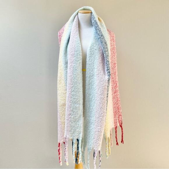 Renne's NYC Women's Soft Plush Scarf in Pastel Rainbow Rectangle Scarf w/ Fringe - Picture 3 of 10